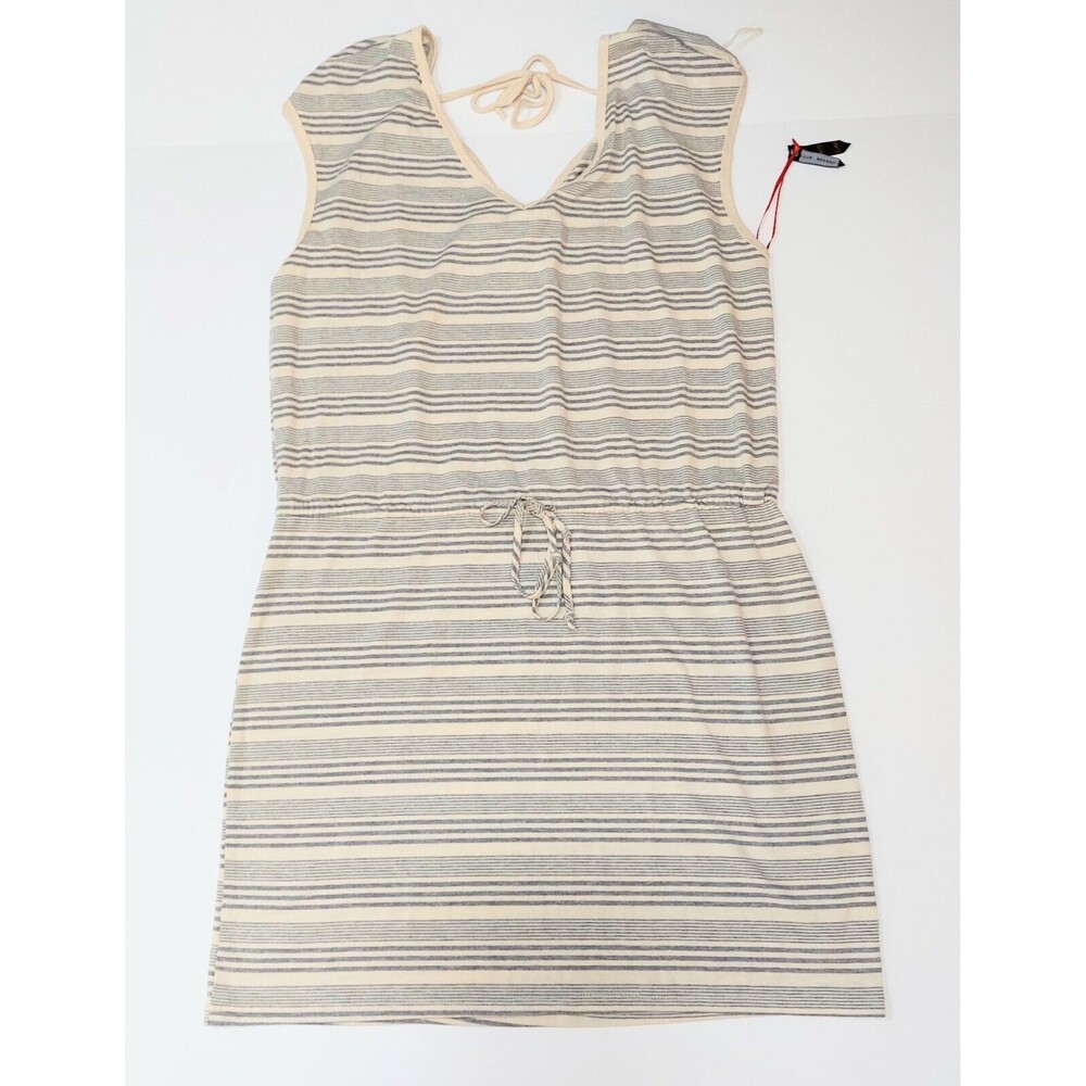 Poof Apparel  Shift Dress Striped Beige Stretch Drawstring Waist Large New